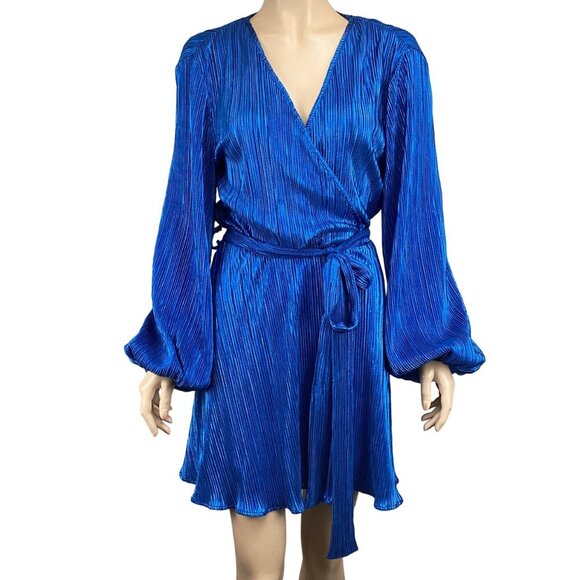 Bardot Belissa Pleat Dress Shine Blue Size Medium Wrap Balloon‎ Sleeves - Picture 1 of 8